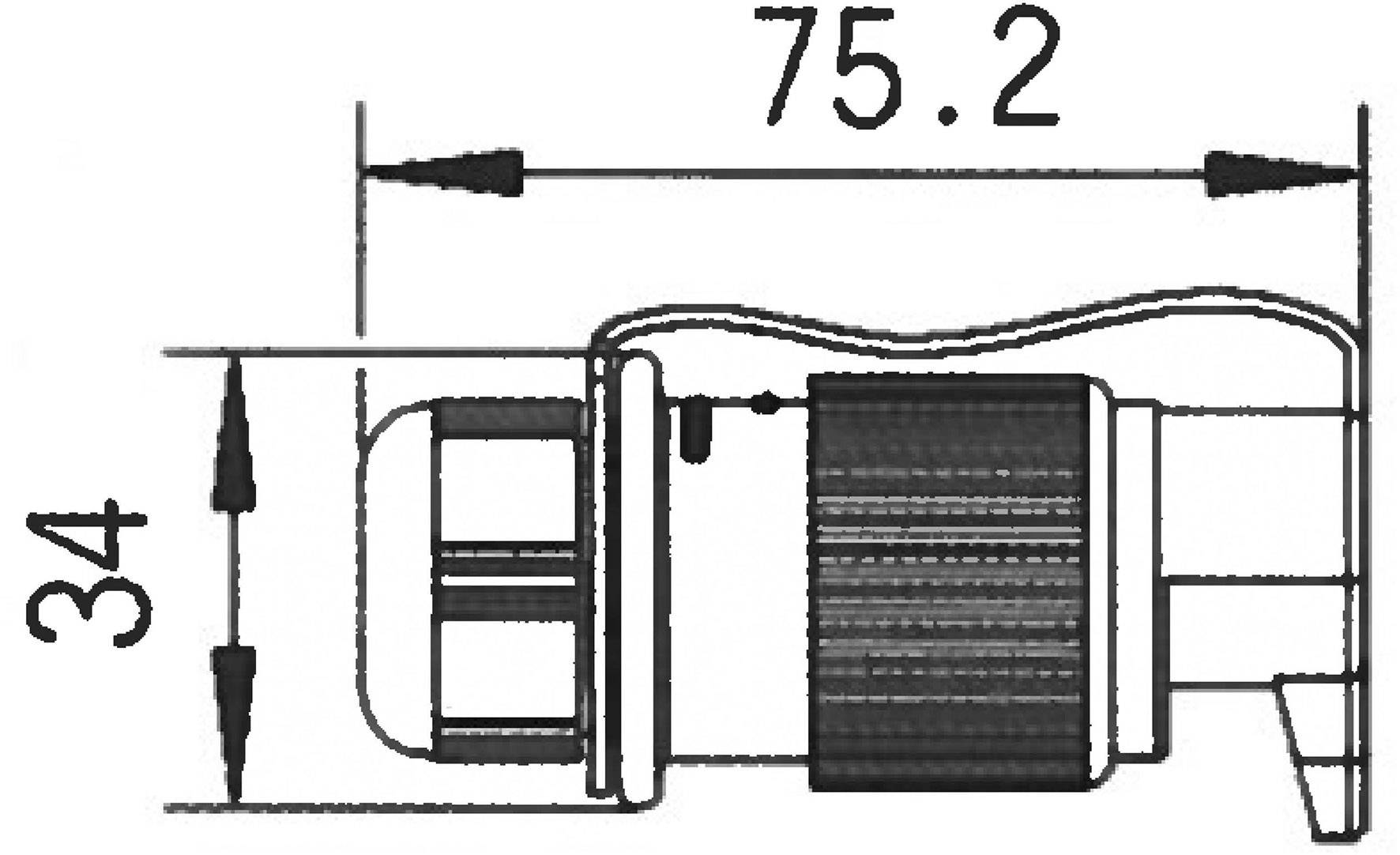 Teknisk ritning av en cylindrisk komponent med dimensioner: längd 75,2 mm och höjd 34 mm, sidovy.