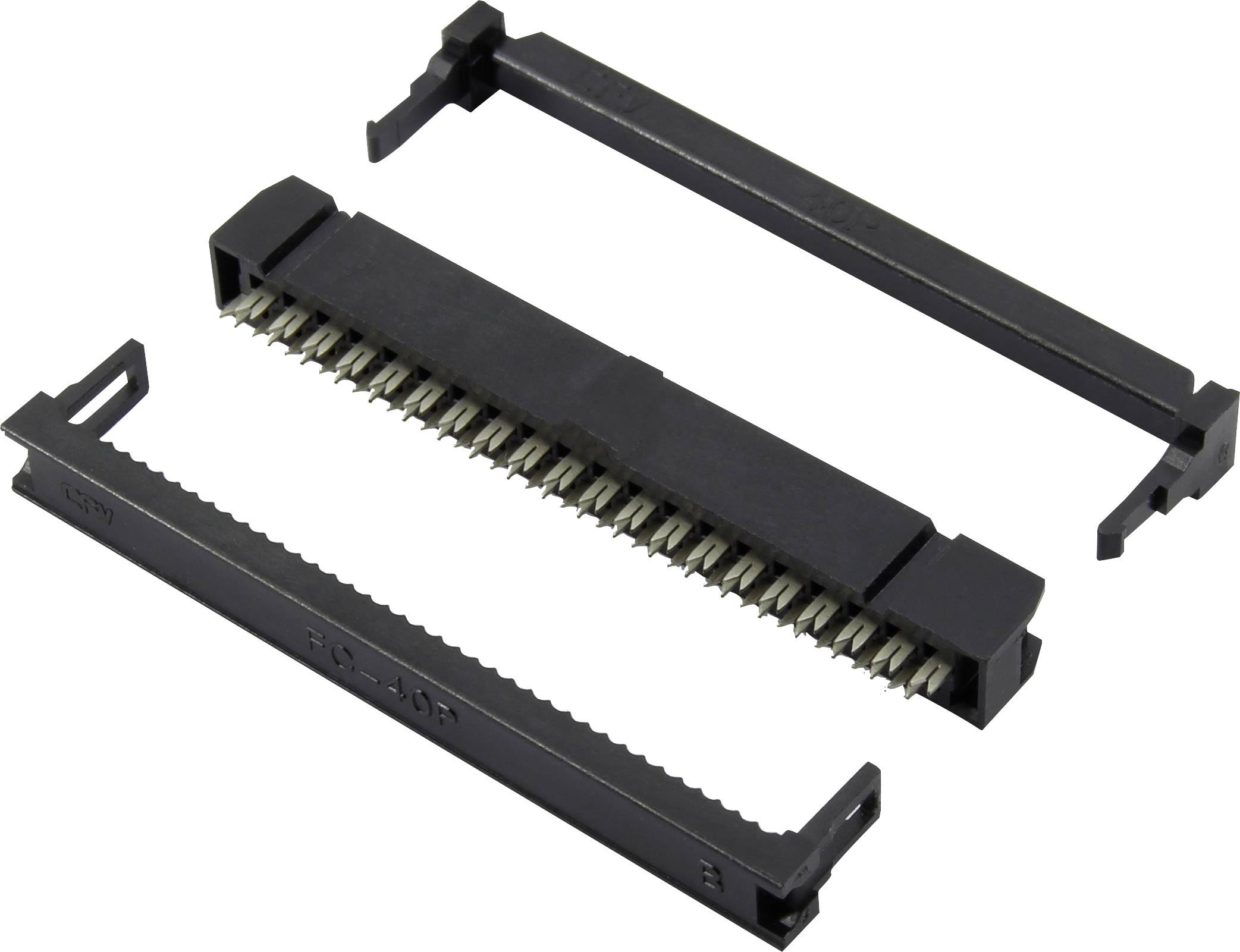 En svart, rektangulär elektrisk kontakt med stift som används i elektroniska enheter för att ansluta komponenter.