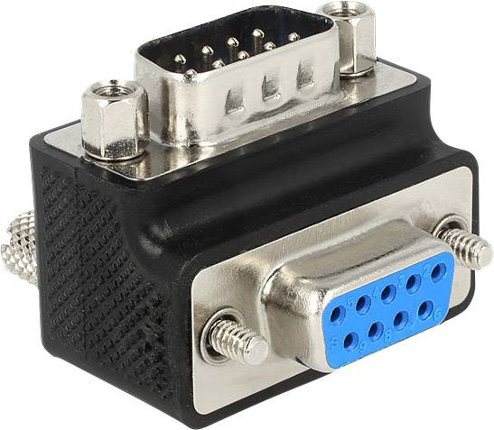 'En svart och silver 9-polig seriell adapterkontakt med blå honkontakter och metalliska hankontakter, lämplig för elektroniska enheter.'