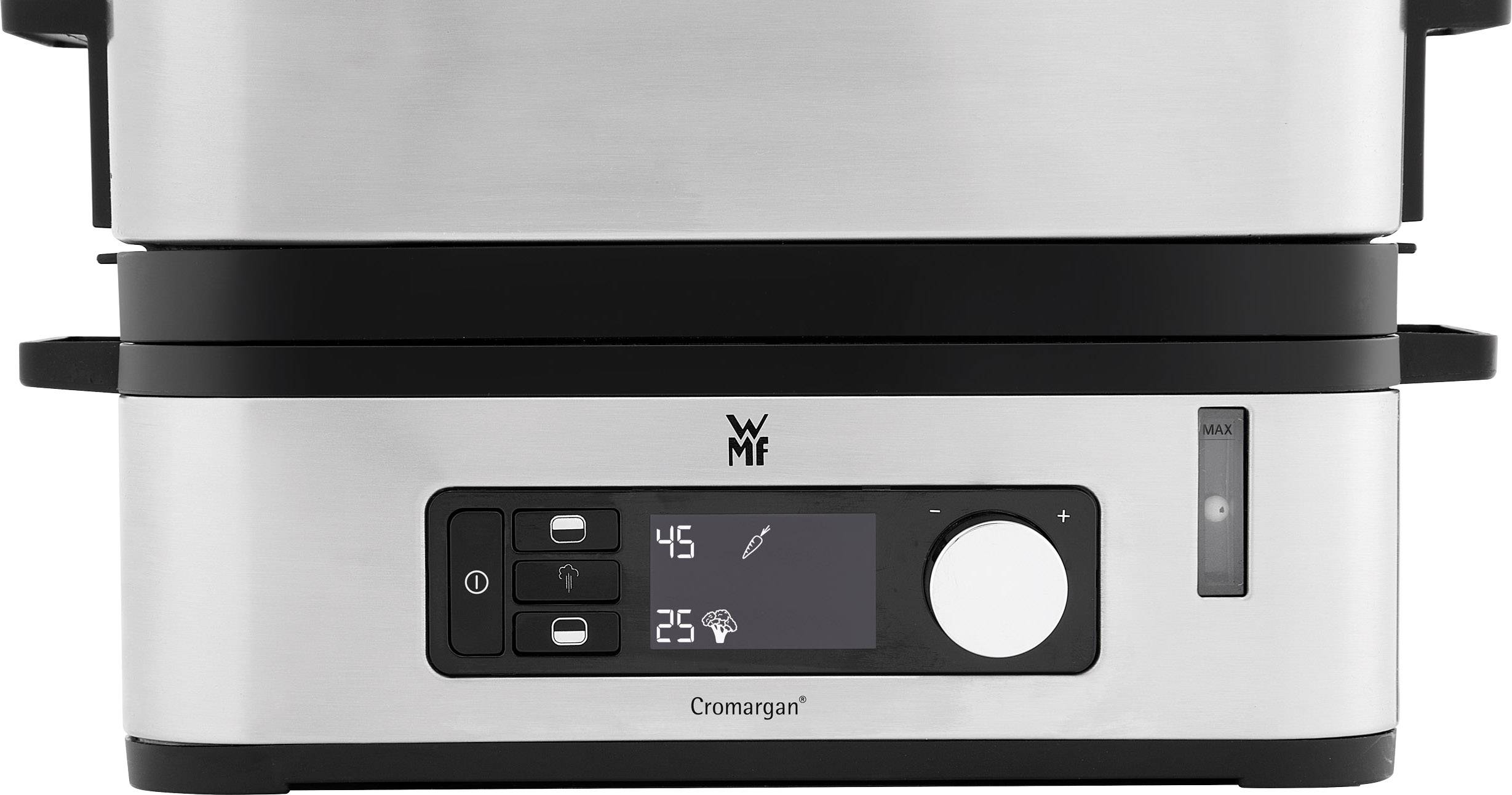 Ångkokare i rostfritt stålutförande med digitalt display, temperaturvisning och vred. Varumärke och kontrollampa synliga.