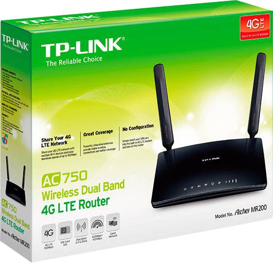 En förpackning för en TP-Link AC750 Dubbelbands 4G LTE Router. Innehåller en bild av routern och text om kompatibilitet och funktioner.
