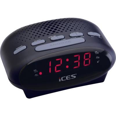 En digital väckarklocka med röd LED-display visar tiden 12:38. Ovanför finns knappar för väckningsfunktioner och radio.
