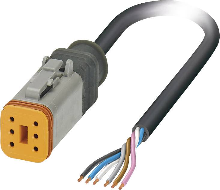 En elektrisk kabelkontakt med sex färgkodade trådar syns. Kontakten har en orangefärgad ände med tre hål.