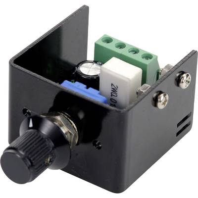 Svart elektronisk regulator med vred, kretskort och gröna anslutningskontakter, sannolikt avsedd för styrning av elektriska enheter.