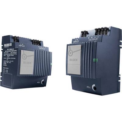 Två blå elektroniska enheter märkta 'INPUT' och 'OUTPUT', sannolikt avsedda för strömreglering.