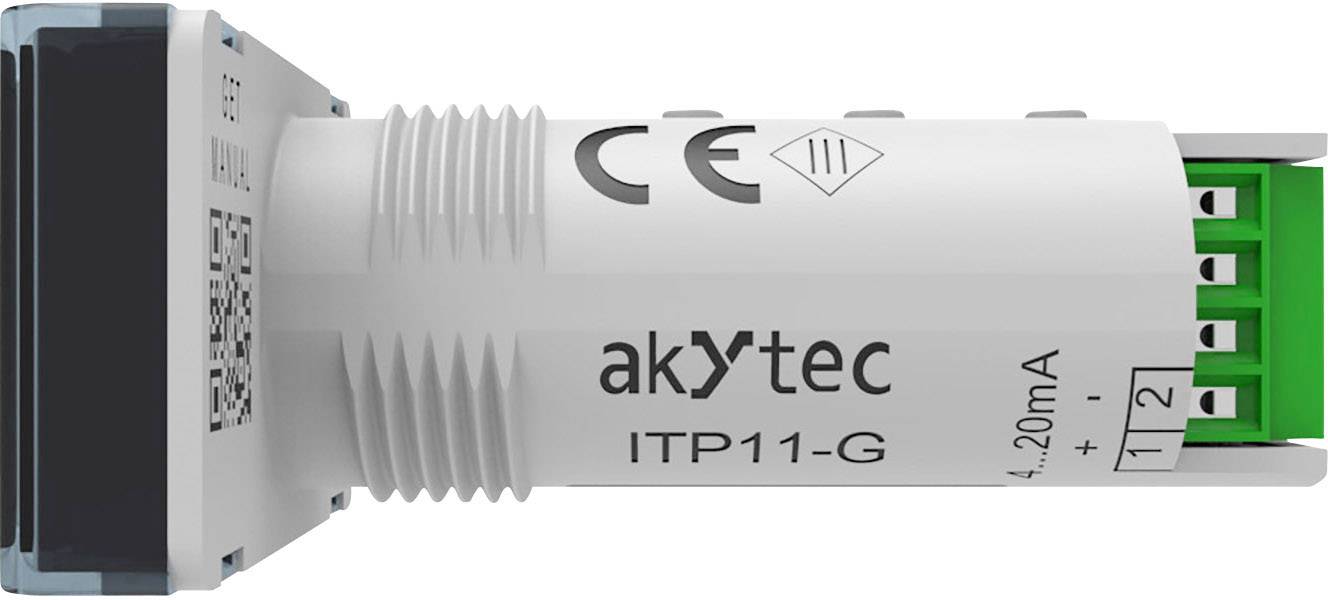 Bilden visar en 'akytec ITP11-G' temperatursensor med ett cylindriskt vitt hölje och gröna anslutningsklämmor.