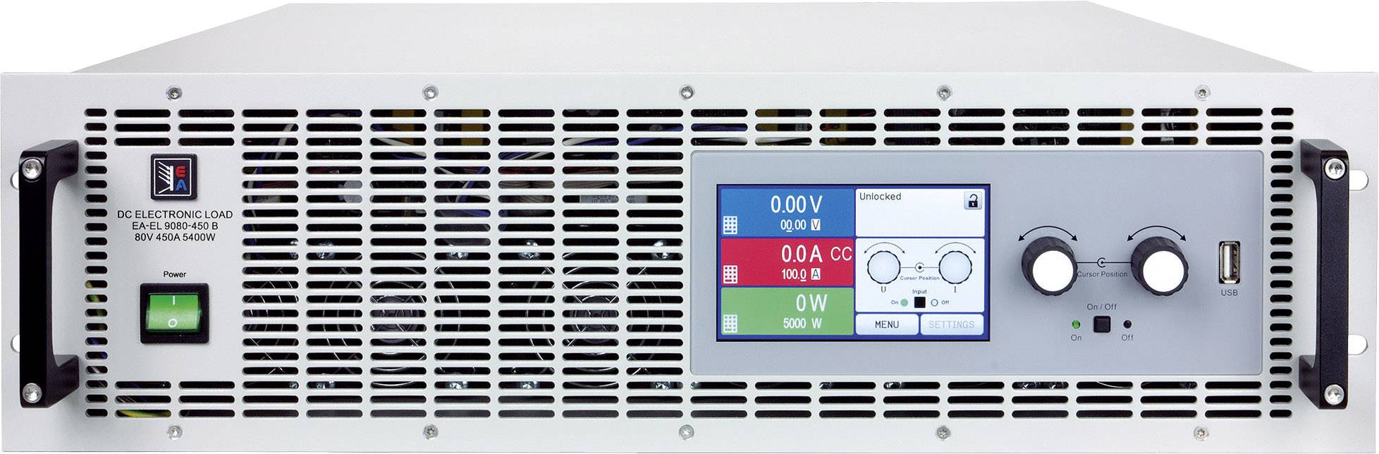 En elektronisk mätare med digitalt display visar värden för spänning och ström. Den har flera vippknappar och ventilationsspringor på framsidan.