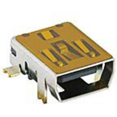 En rektangulär USB-port i ett metallhölje med guldkontakter, monterad på ett kretskort för elektroniska anslutningar.