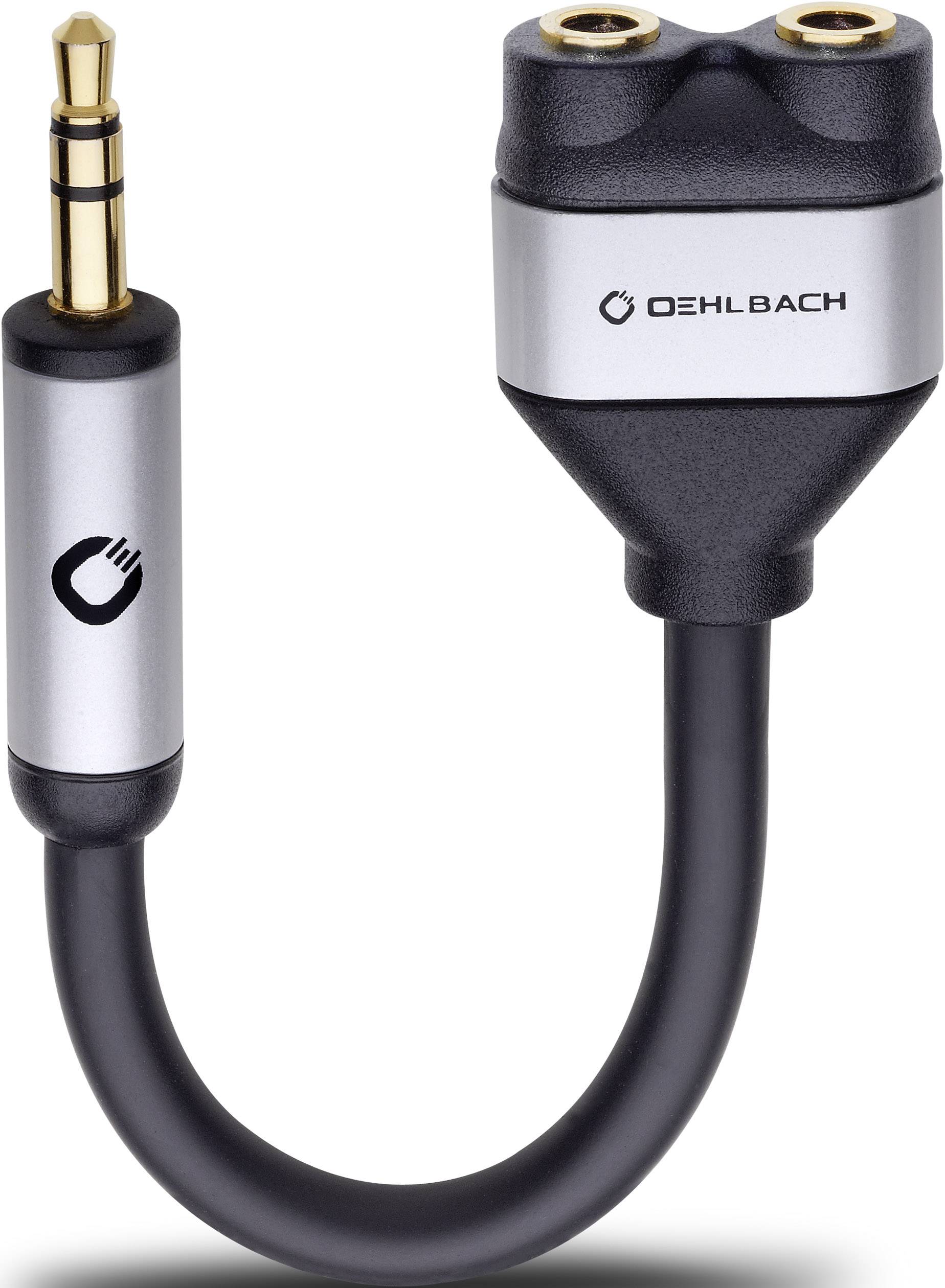 Svart Y-audiokabeladapter med silverfärgade kontakter, perfekt för audioanslutning, visar varumärket 'Oehlbach' på en av kontakterna.