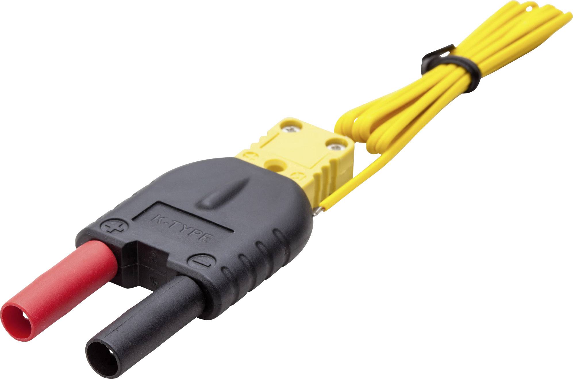 Kabeladapter med två kontakter (en röd, en svart) och gula trådar, använd för att ansluta elektriska apparater.