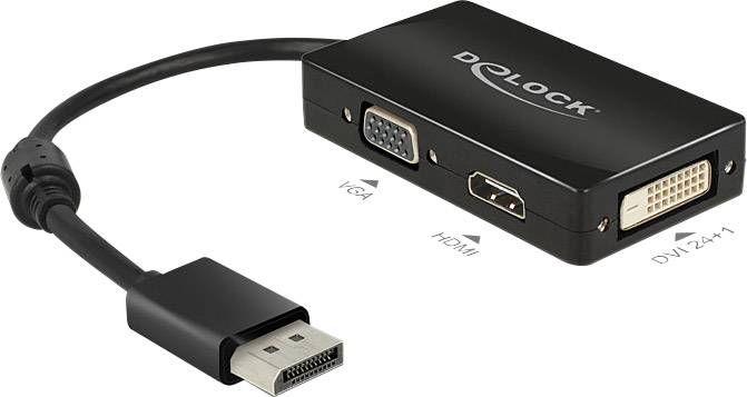 'Delock' Adapterkonverter: DisplayPort-kabel till hölje med DVI-, HDMI- och VGA-anslutningar för videouppspelning.