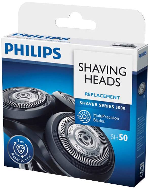 Philips ersättningsskärhuvuden för rakapparat Serie 5000 i blå förpackning, produktnummer SH50, med MultiPrecision-blad.