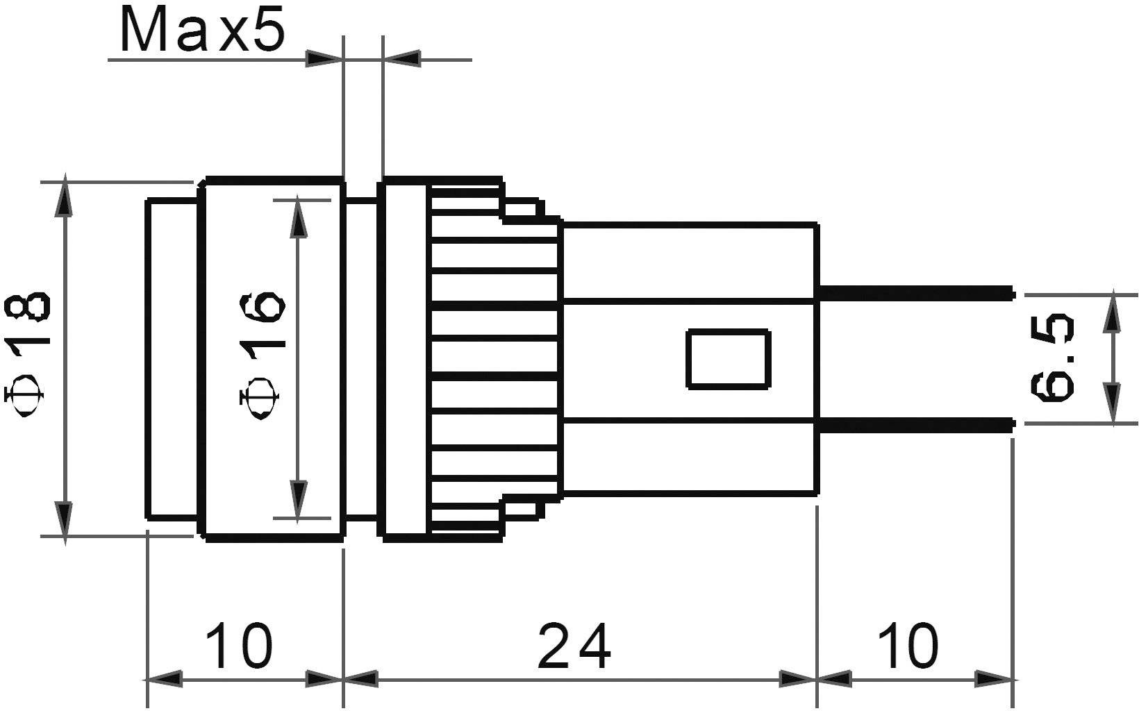 Teknisk ritning av en kontakt med dimensioner: Diameter 18 mm, total längd 44 mm, två anslutningspunkter och maximalt avstånd 5 mm.