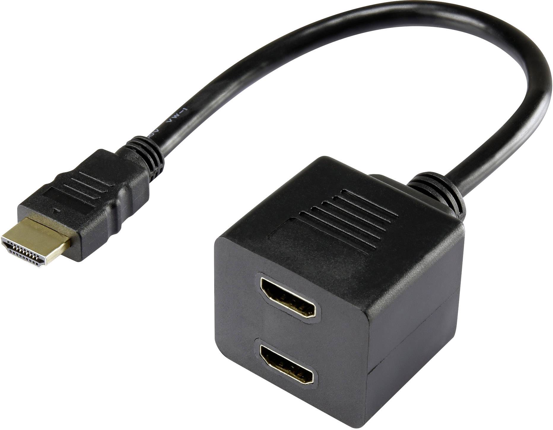 Svart HDMI-delarkabel med en HDMI-kontakt och två HDMI-uttag, lämplig för att ansluta två enheter till en källa.