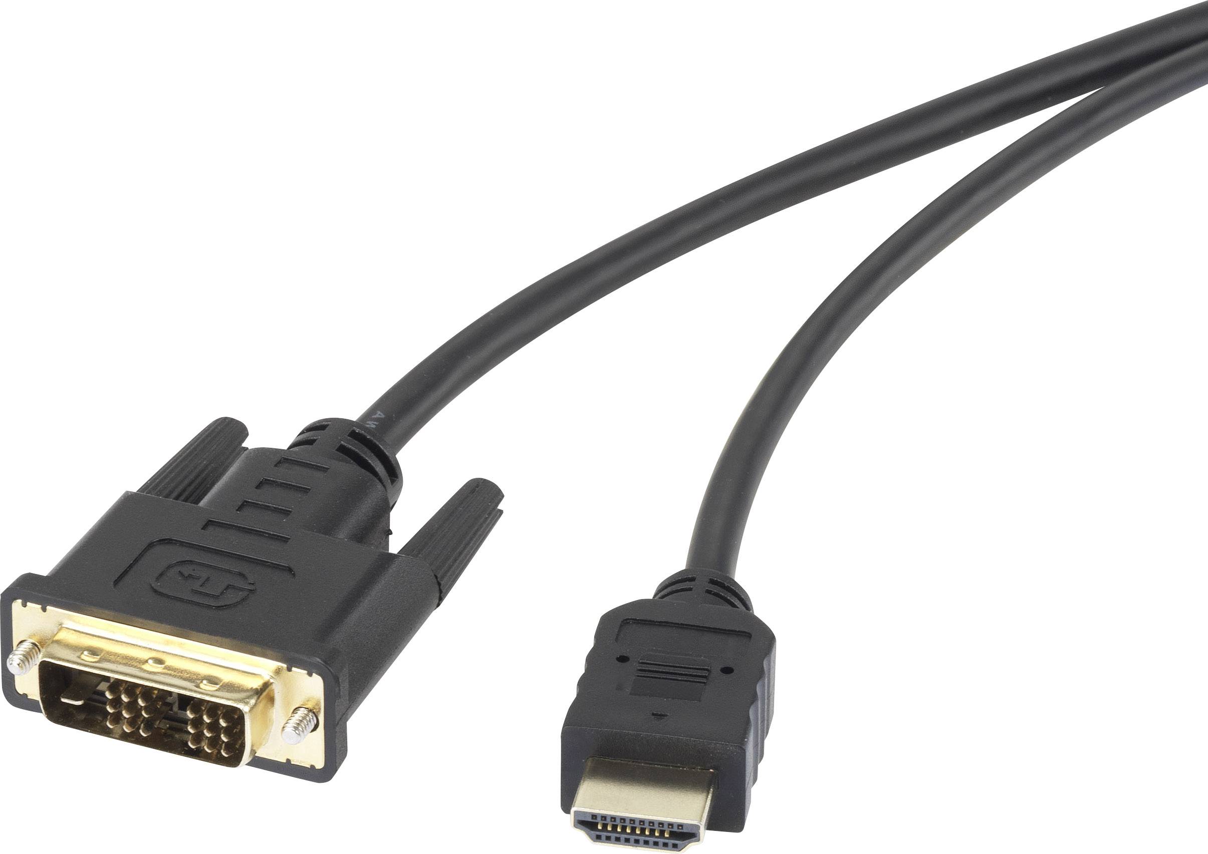 DVI-till-HDMI-kabel, som används för att ansluta dator och skärm. Till vänster sitter DVI-kontakten, till höger HDMI-kontakten.