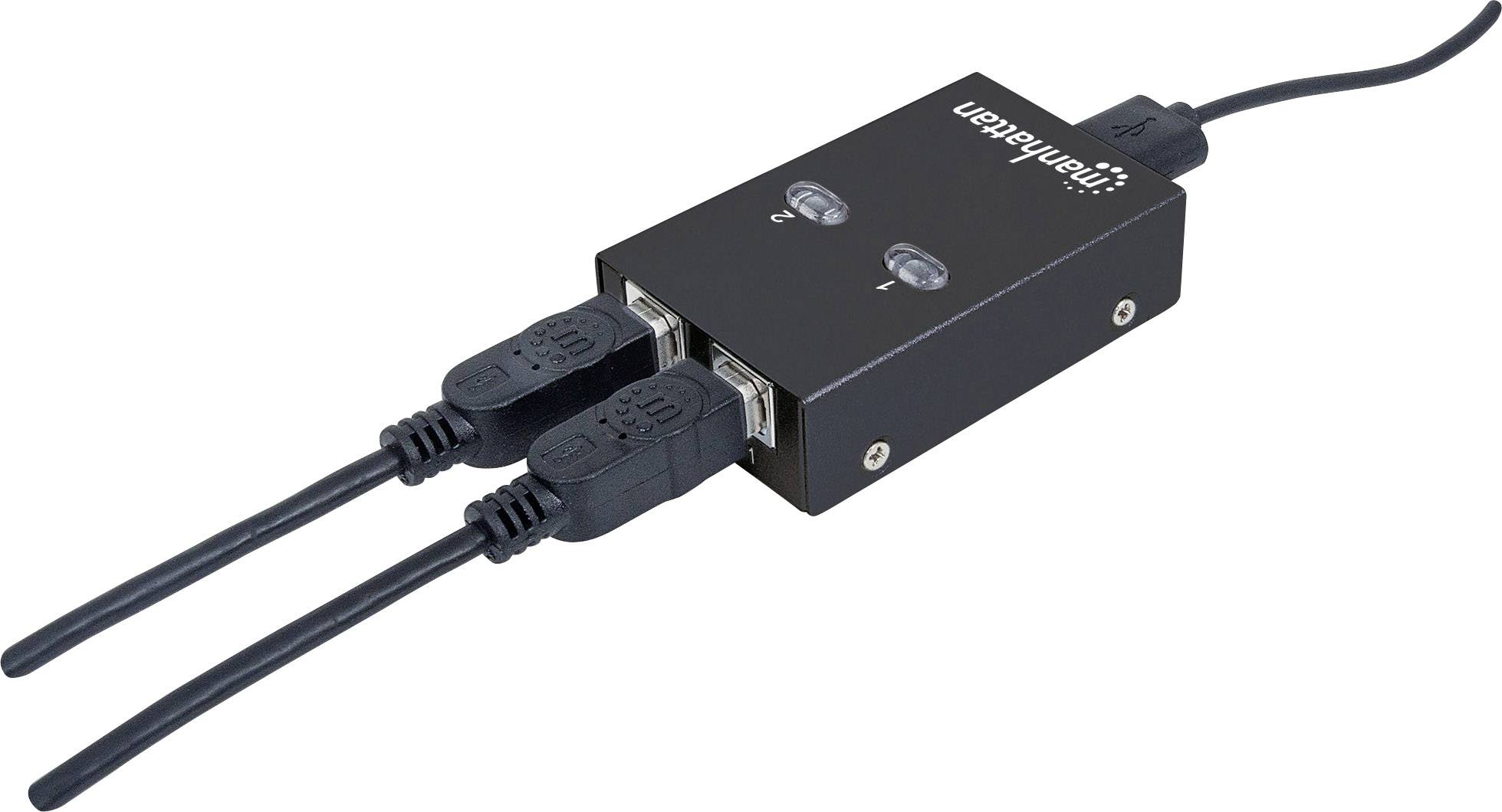 En svart HDMI-switch med två anslutna HDMI-kablar. Den har en knapp för att växla mellan två HDMI-ingångar.
