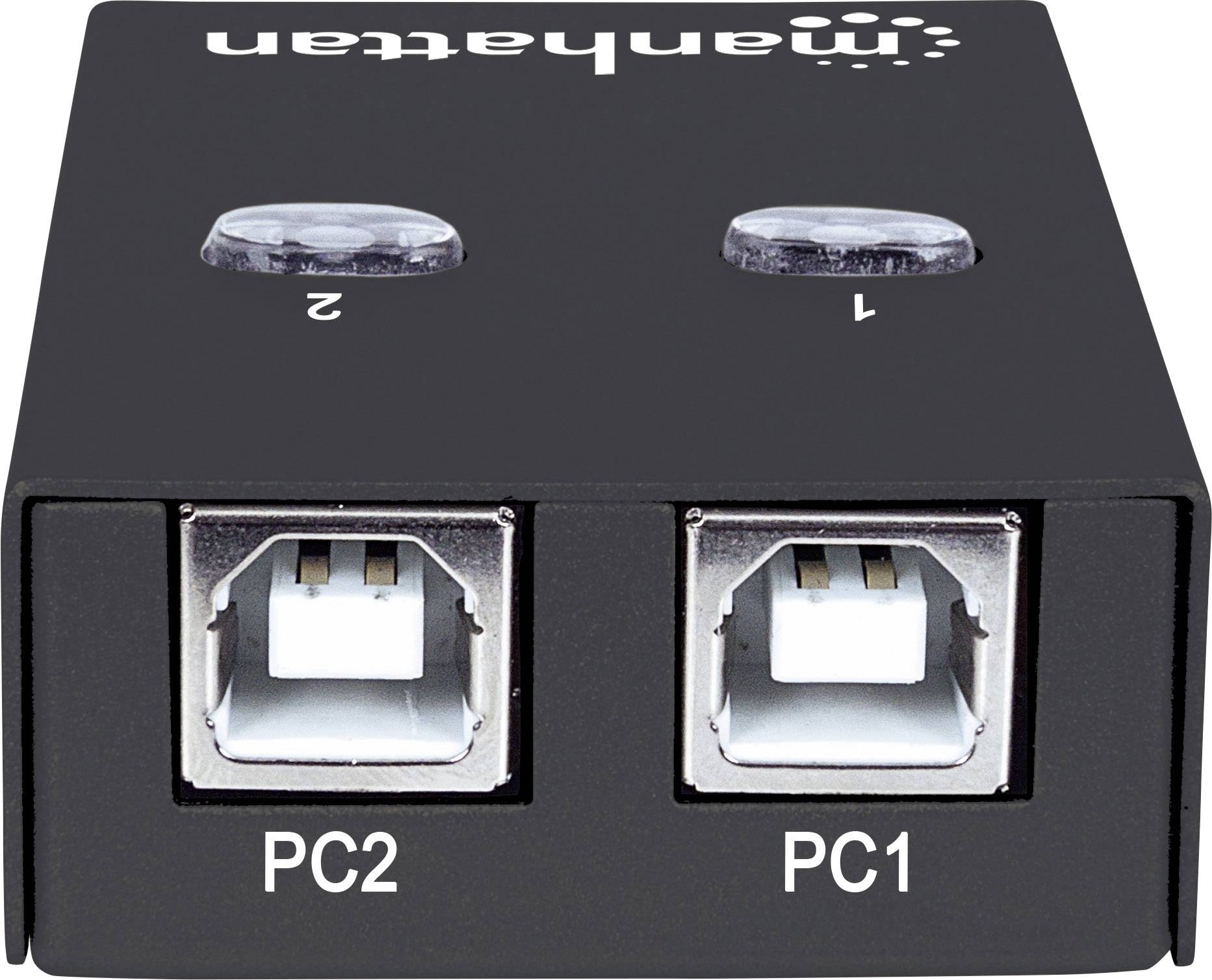 En svart USB-switch med två portar, märkt med 'PC1' och 'PC2'. Ovanpå finns två knappar märkta med siffrorna 1 och 2.