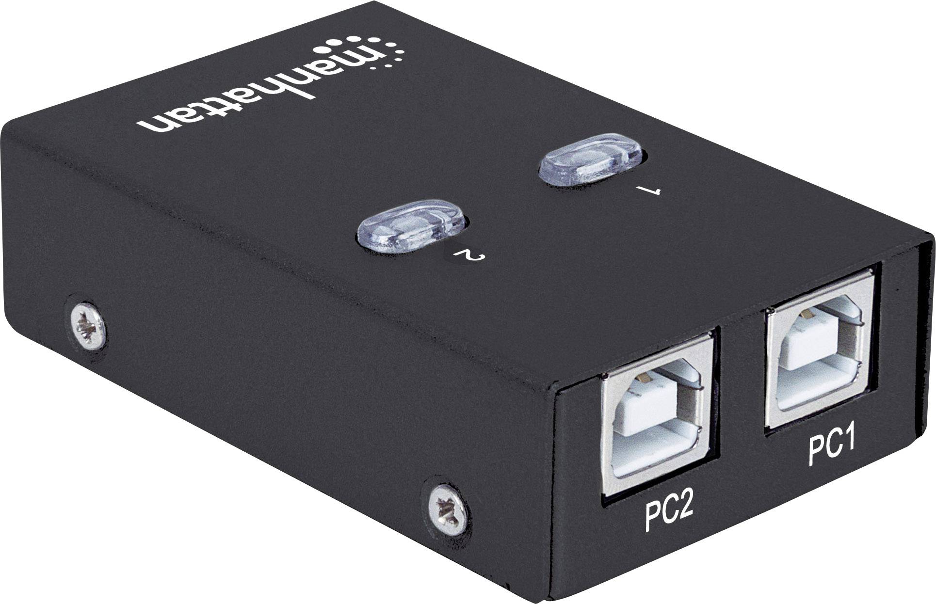 Manuell USB-switch, svart, två knappar längst upp, två USB-B-portar märkta 'PC1' och 'PC2' på sidan.