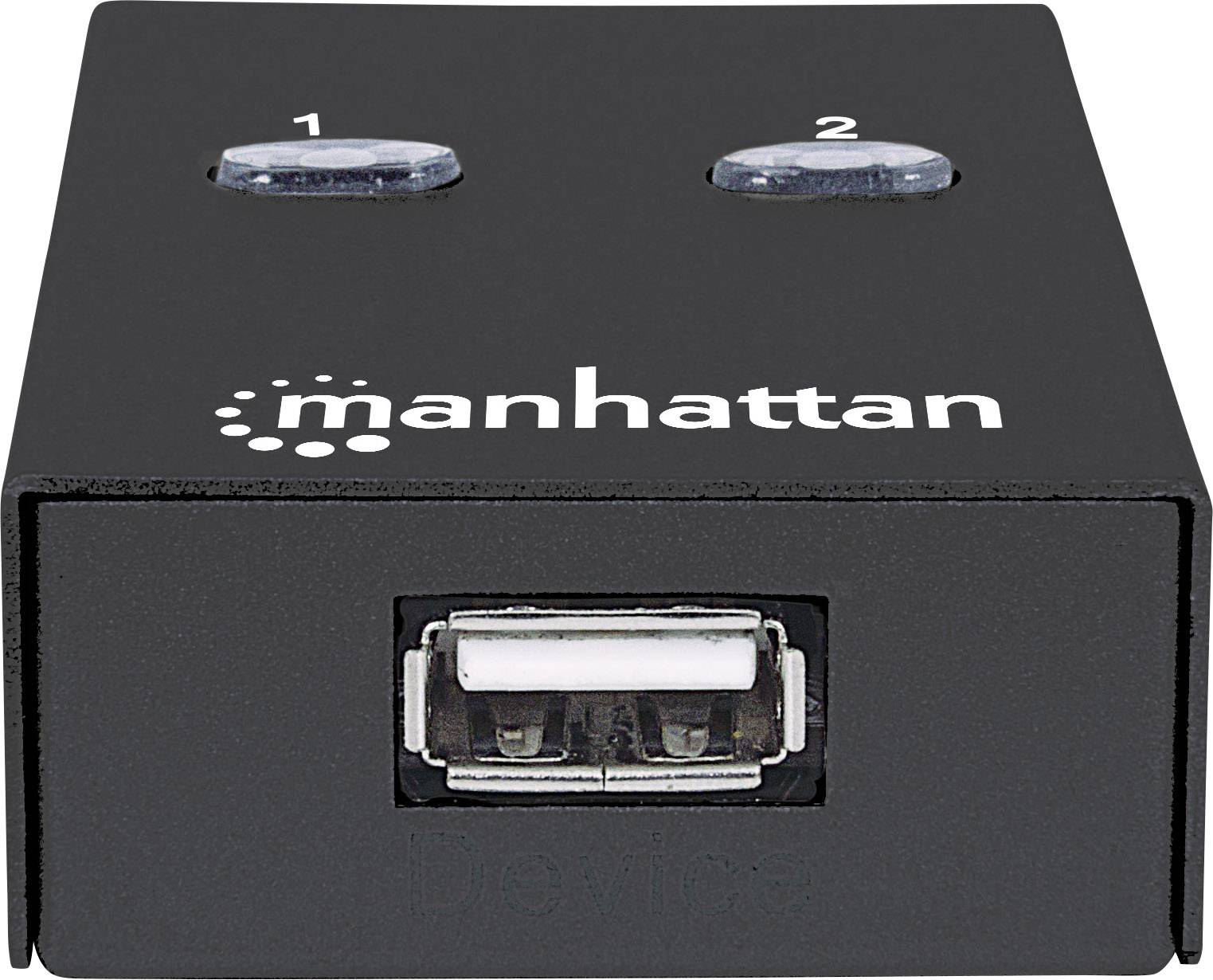 Svart USB-switch från 'Manhattan' med två numrerade knappar på ovansidan och en USB-anslutning på framsidan.