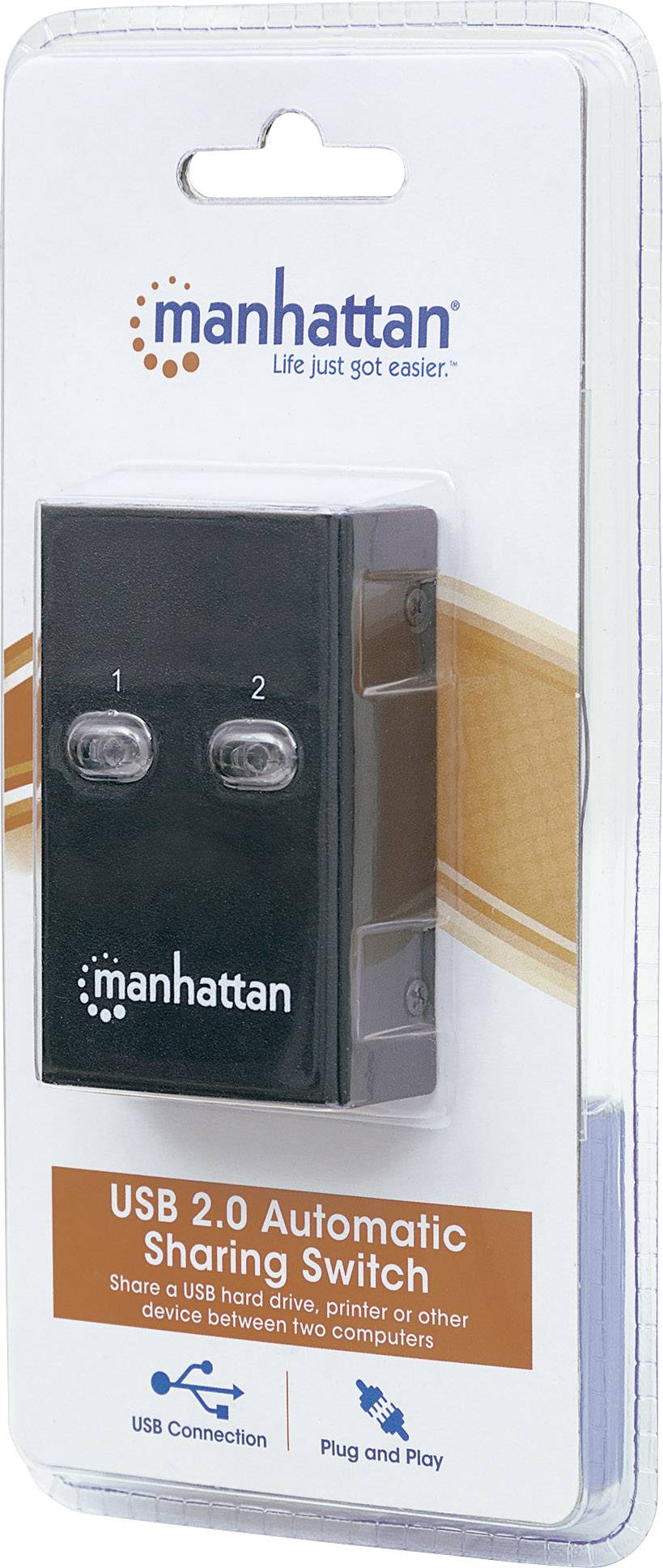 "Manhattan USB 2.0 Automatisk Delningsväxel" i blisterförpackning. Möjliggör delning av en USB-enhet mellan två datorer.