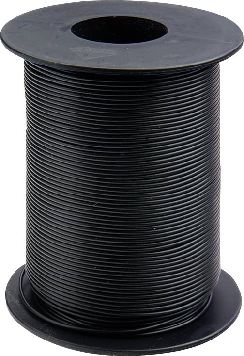 En stor spole med svart kabel, placerad på ett bord. Perfekt för elinstallationer eller hantverksarbeten.