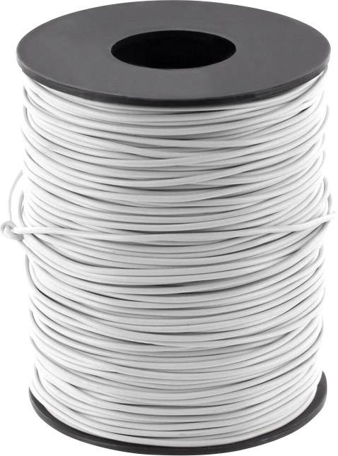 Spole med vit kabelledning, kompakt lindad på en svart plastspole. Lämplig för elektronik- eller hantverksändamål.