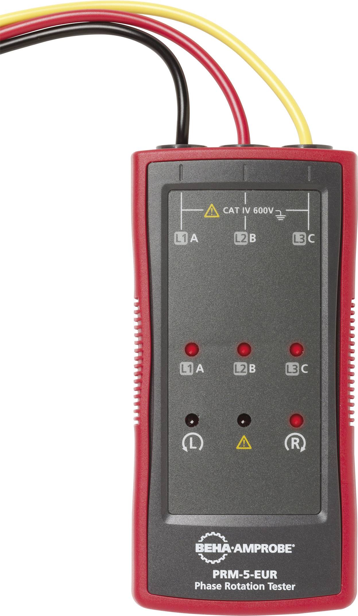 Fasskontrollator med tre LED-lampor för indikering av faslinje och rotationsriktning, märkt med 'PRM-5-EUR Phase Rotation Tester'.