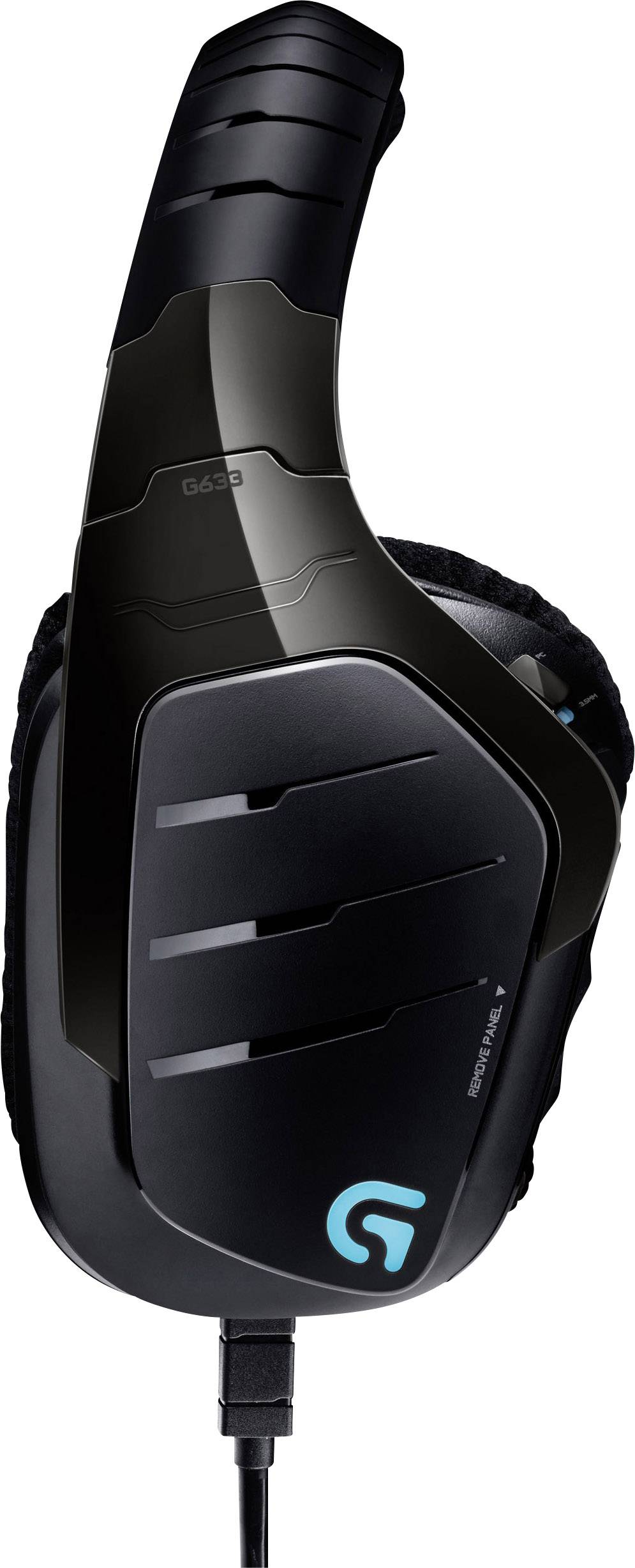 Svarta over-ear-hörlurar med kabel och neonblått logotyp på öronkåpan.