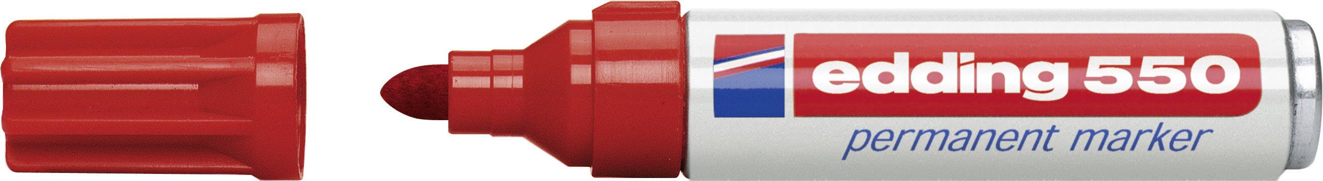 En röd Edding 550 permanent märkpenna med avtagen kork. Texten 'Edding 550 permanent marker' är synlig på höljet.
