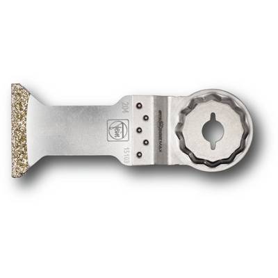 Multitool saw blade with wide, flat blade and serrated, diamond-tipped edge on the left. Suitable for precise cuts in hard materials.