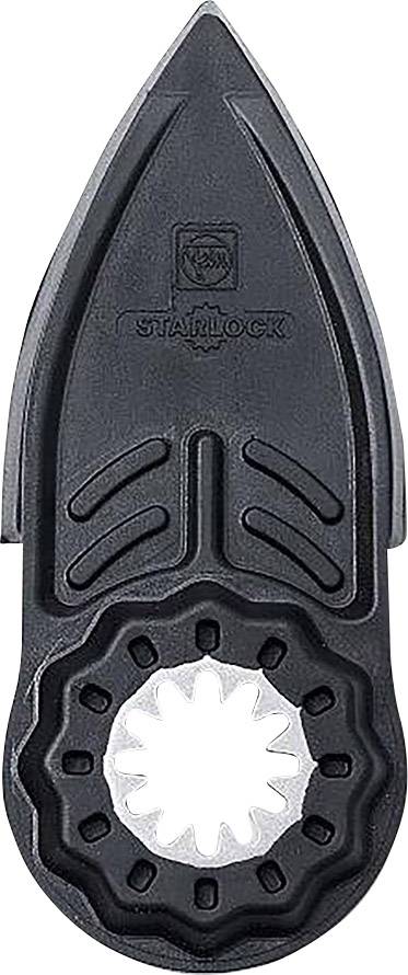 Svart Starlock sågblad med tandad, silverfärgad skäryta nedtill och pilform upptill, lämpligt för multifunktionella verktyg.