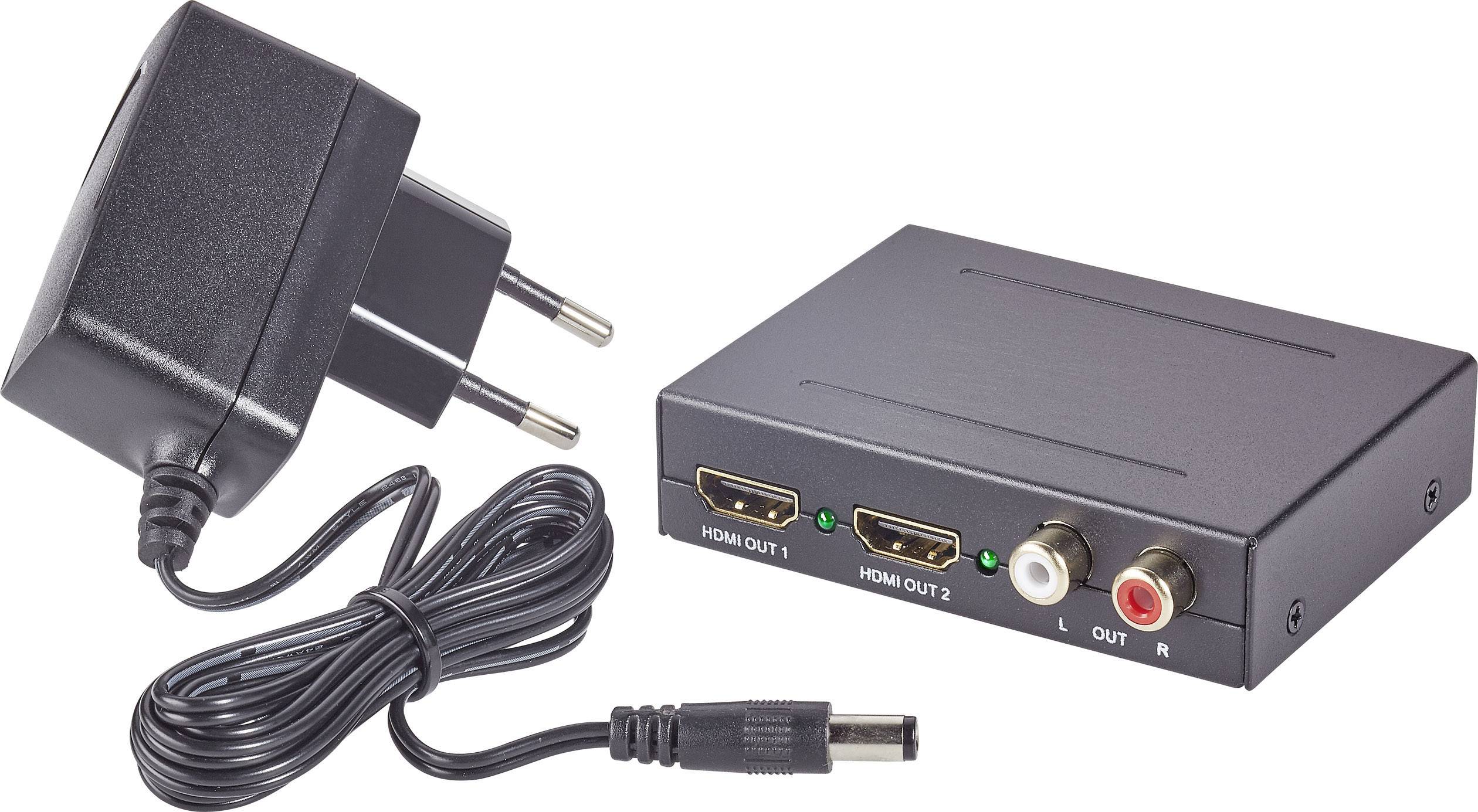 Svart HDMI-splitter med två HDMI-utgångar, två ljudanslutningar och nätadapter med nätkontakt och kabel.