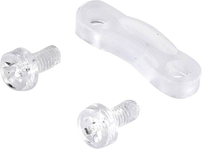 Två transparenta skruvar och ett genomskinligt plastfäste ligger på en vit yta.