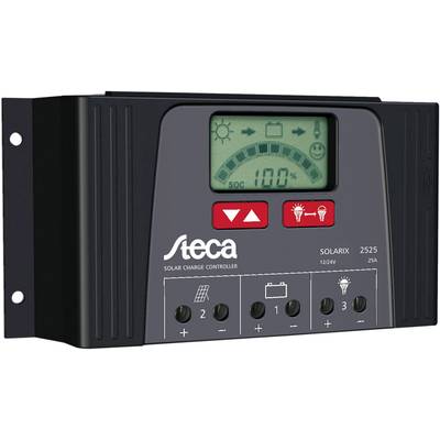 En solcellsladdregulator med digital display och kontrollampor för batteristatus och laddningsfunktioner, modell 'Steca Solarix 2525'.