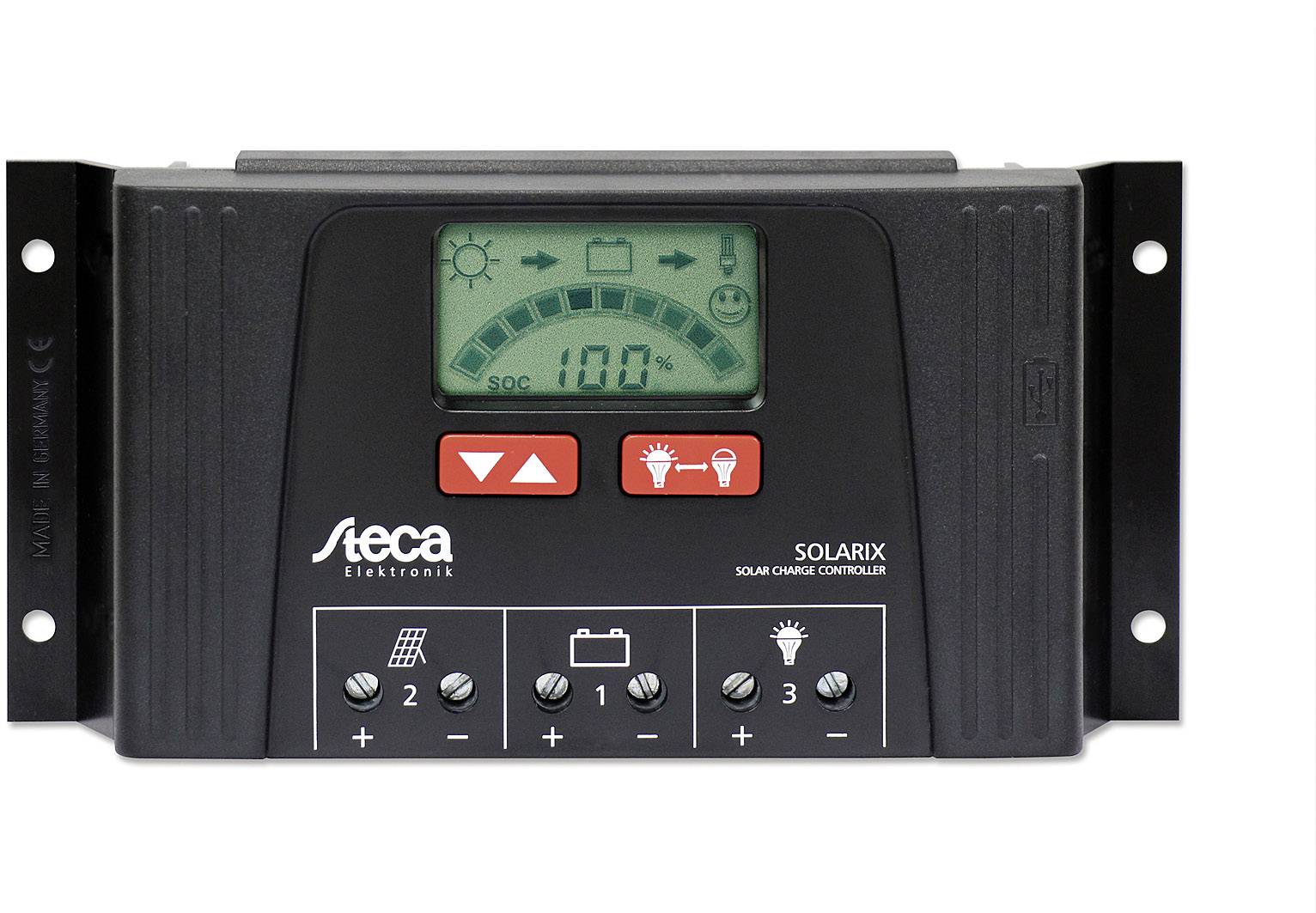 Solcellsladdningsregulator med digitalt display, laddningsstatus i procent och kontrollknappar för solpaneler, batteri och last.