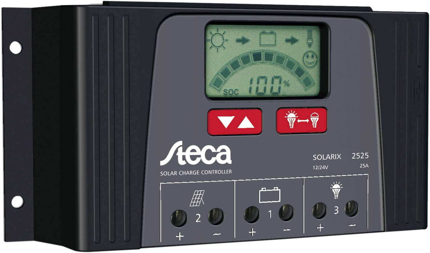 Solcellsladdregulator med digitalt display. Visar batterisymbol, procentuell indikator från 100% och symboler för laddningsstatus och belysning. Märke: Steca. Modell: 2525.