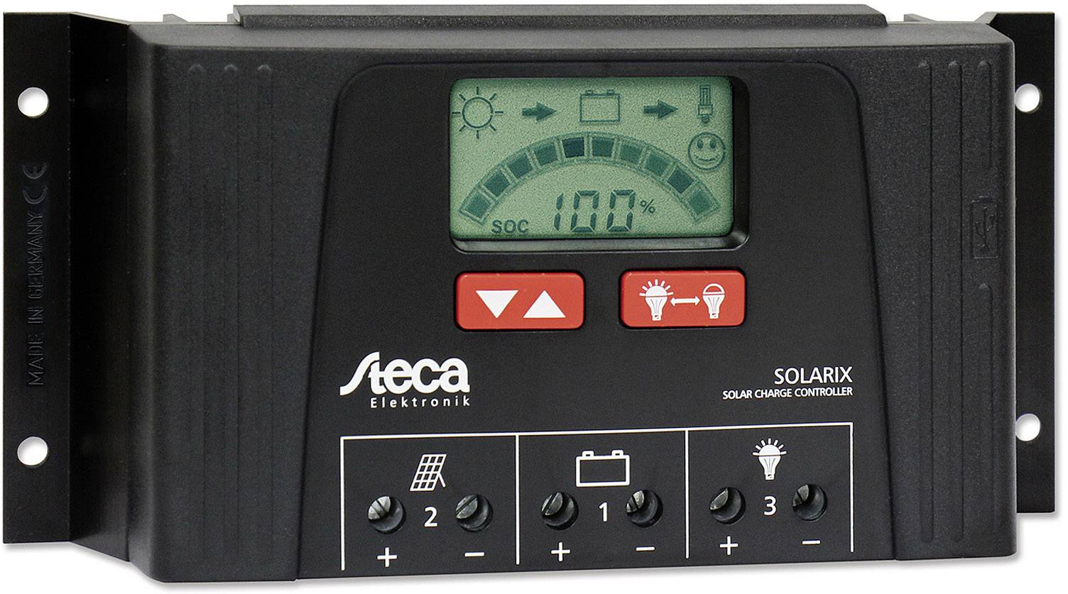 'Steca Solarix' Solarladdningsregulator med display och knappar för styrning. Visar batteriladdning i procent.