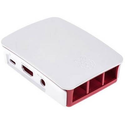 Ett vitt-rött hölje för en Raspberry Pi, med öppningar för anslutningar. Inga synliga kablar eller anslutna enheter.