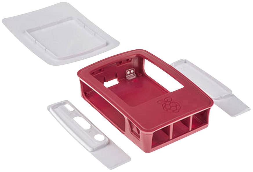 Rött hölje för Raspberry Pi, bestående av övre del, undre del och två sidolock, delvis monterat.