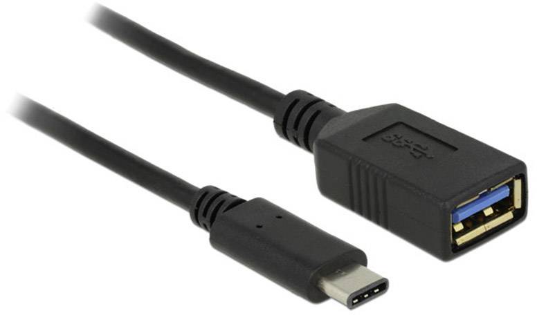 USB-C till USB-A adapterkabel, svart färg, med en USB-C-kontakt och en USB-A-hona, för att ansluta olika enheter.