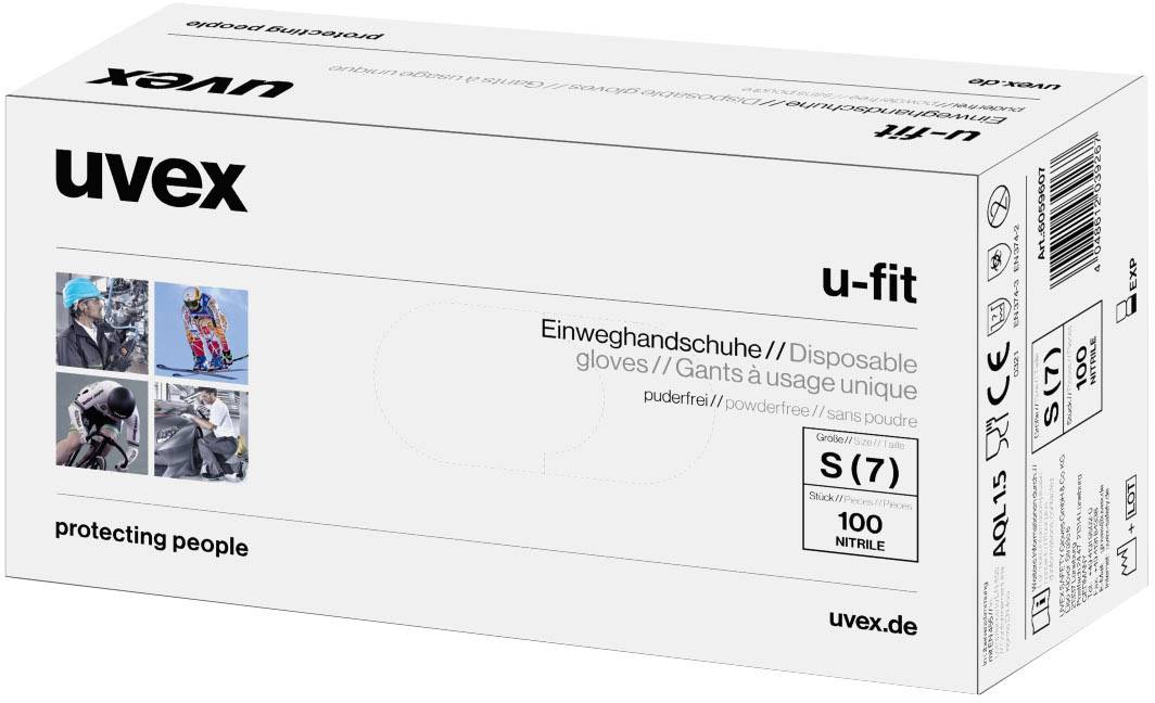 Låda med 'uvex u-fit' engångshandskar, storlek S (7), puderfria nitrilhandskar. Tillämpningsexempel visas på förpackningen.