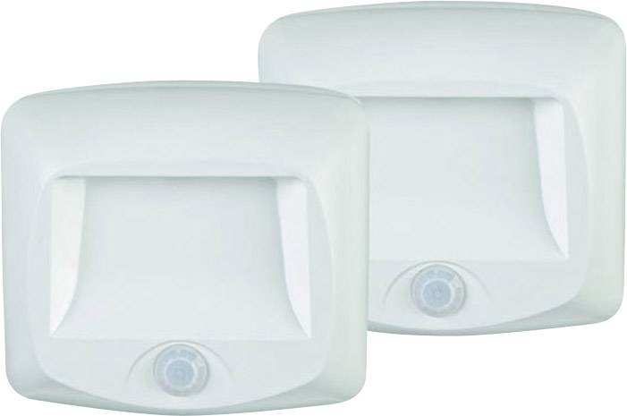 Två vita LED-nattlampor med rörelsesensor, kvadratisk form, för mörka miljöer. Lämpliga för korridorer eller barnrum.