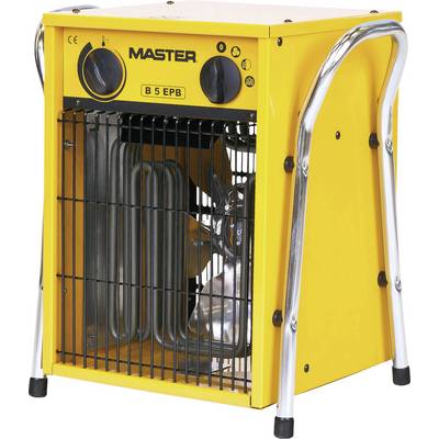 En gul elektrisk fläktvärmare med produktnamnet 'B 5 EPB' och reglage på framsidan, placerad i ett metallställning.