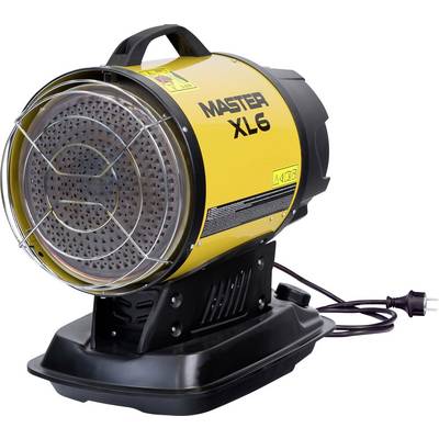 Gul värmefläkt med svart hölje, modell 'MASTER XL 6'. Står på en svart bas, med synlig handtag och sladd.