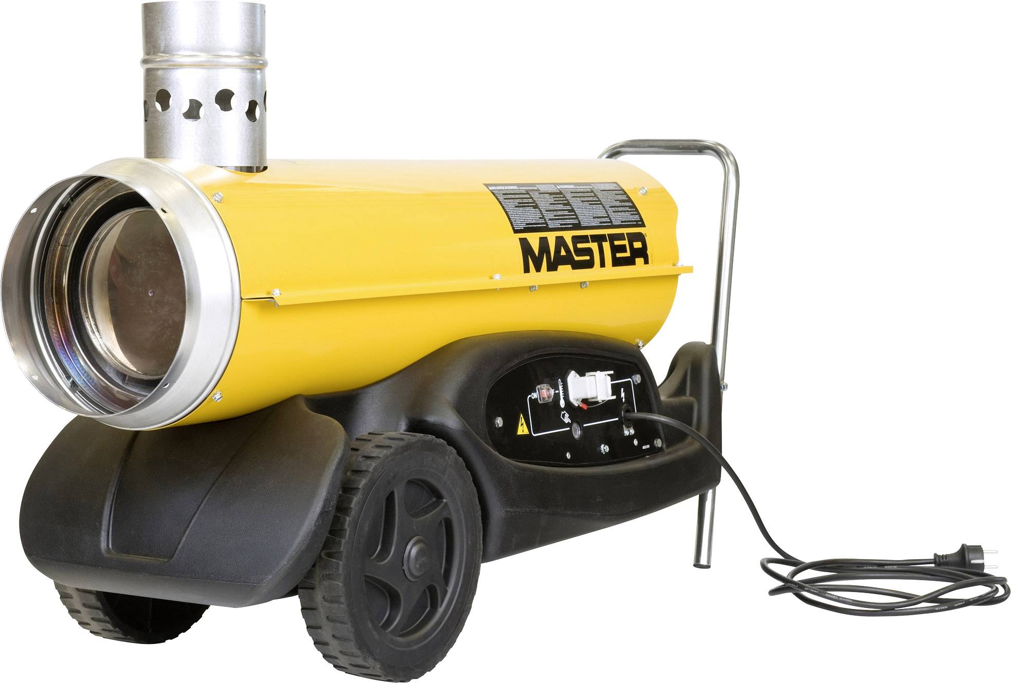 Gul mobil värmefläkt med hjul, sladd och reglage på sidan. Lämplig för snabb uppvärmning av utrymmen.