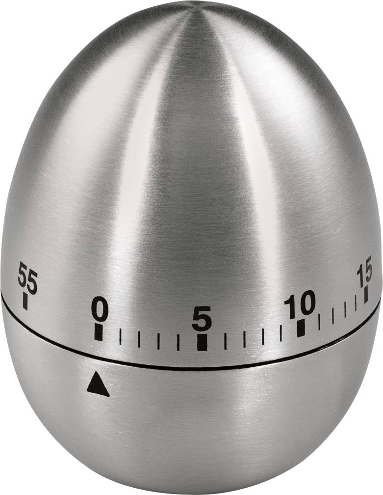 Metallfärgad äggklocka i form av ett ägg med tidsskala från 0 till 55 minuter, roterar för att mäta tid.