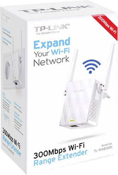 Förpackning till en TP-Link 300Mbps Wi-Fi Range Extender, vit färg, med två antenner. Text på förpackningen: 'Utöka ditt Wi-Fi-nätverk'.