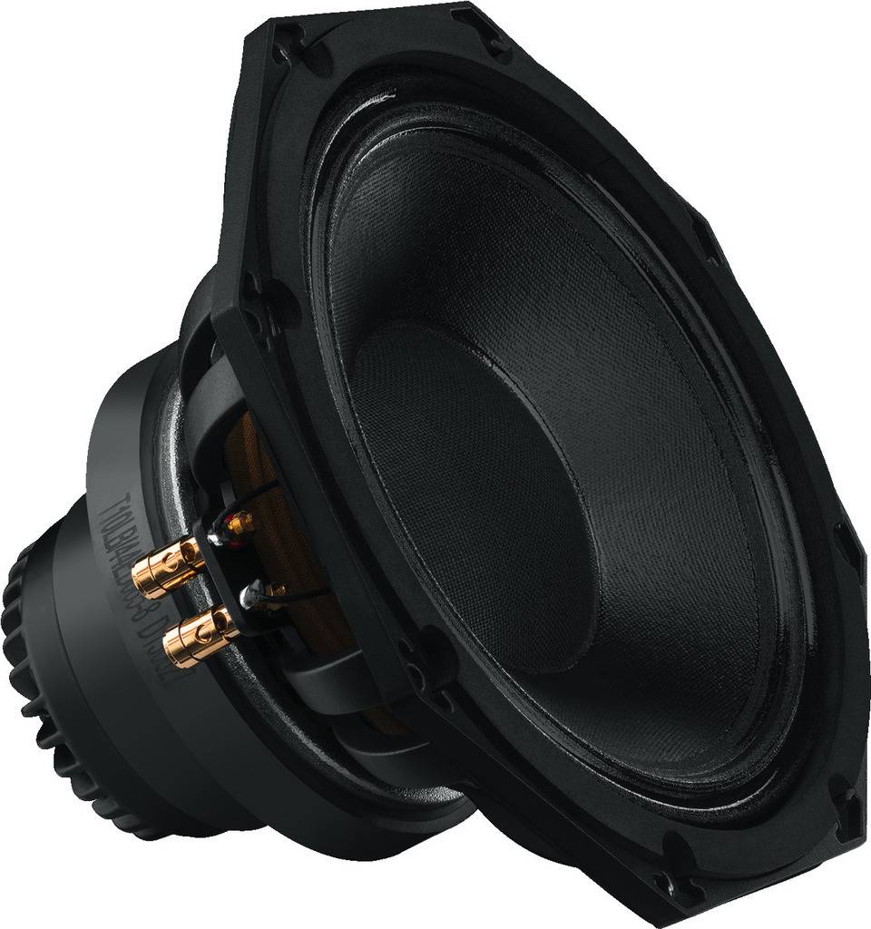 Svart högtalare med sluttande design, synliga anslutningar; lämplig för djupa ljud i audiosystem.