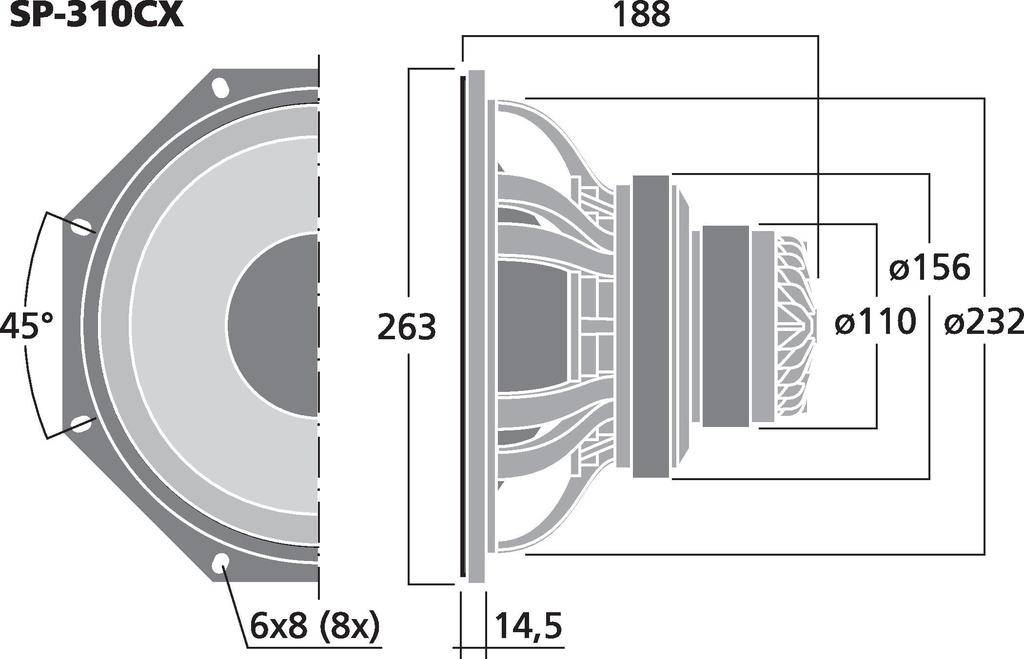 Teknisk ritning av en högtalare i sido- och frontvy med dimensioner i millimeter. Modell: SP-310CX.