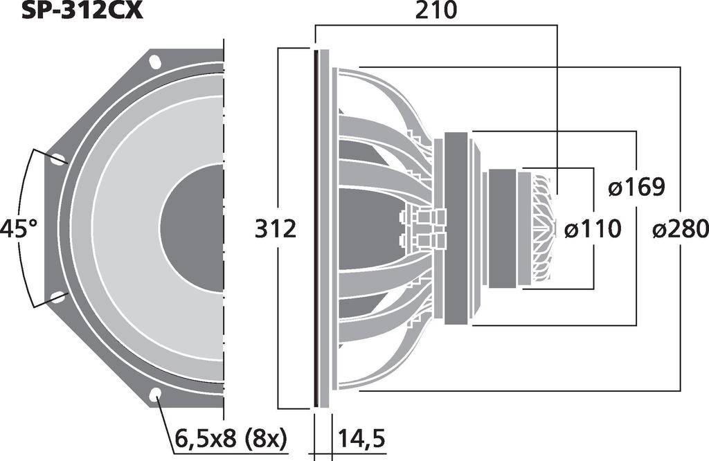 Teknisk ritning av en högtalare med mått: 312 mm diameter, 210 mm djup. Ytterligare detaljer om skruvhål och vinklar.